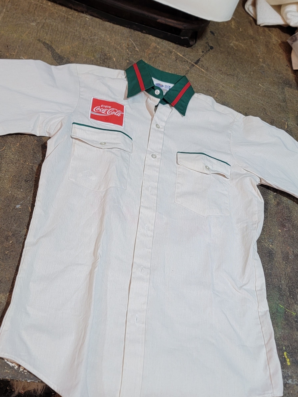 Coca Cola Men's White Button-Up Work Shirt with Green Collar